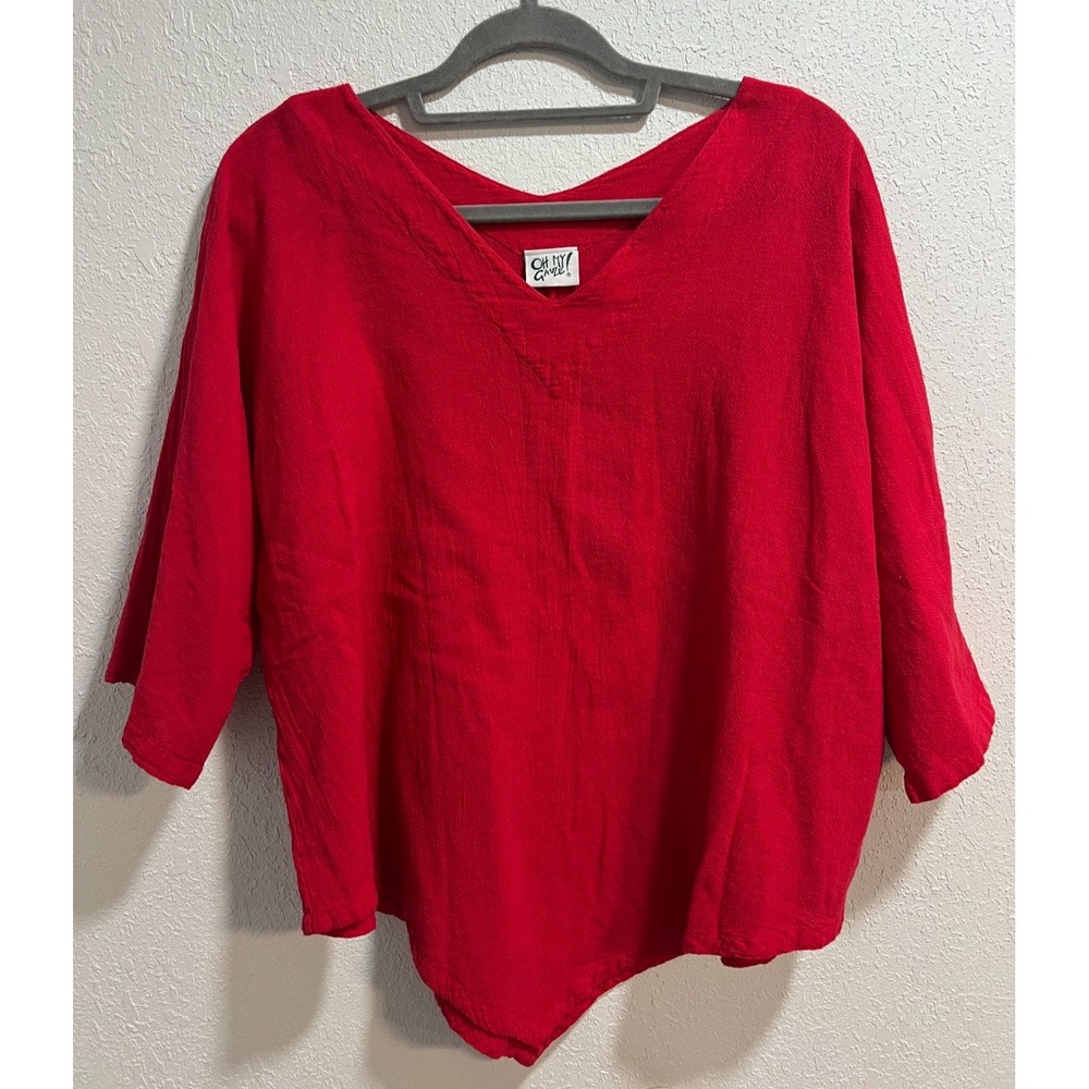 Oh My Gauze‎ Red Cotton Tunic Top 3/4 Sleeve Asymmetrical Hem Lagenlook Size 3